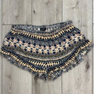 Volcom High Waist Blue and Yellow Patterned Shorts with Bohemian Trim. Size M.